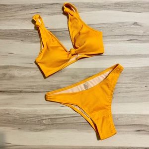 Yellow front knot ribbed bikini